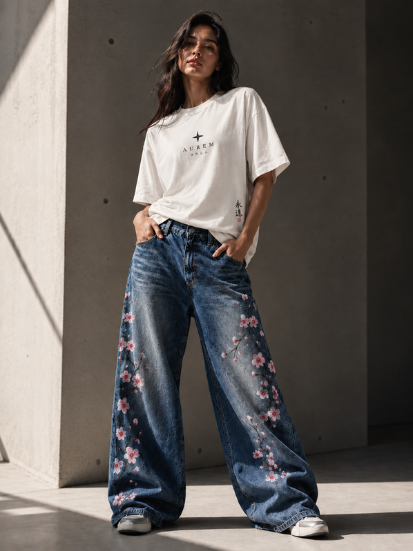 Le jean Heiwa à motifs floraux, porté avec un t-shirt AUREM